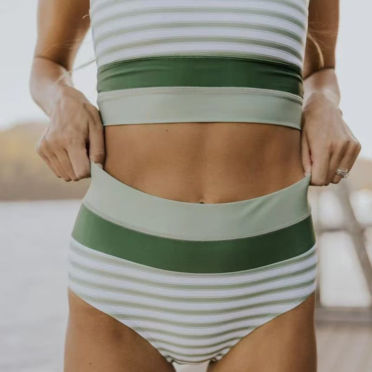 Women's striped bikini swimsuit with a racerback top and high-waisted bottom, featuring green and light green color-blocked bands. - Image 13