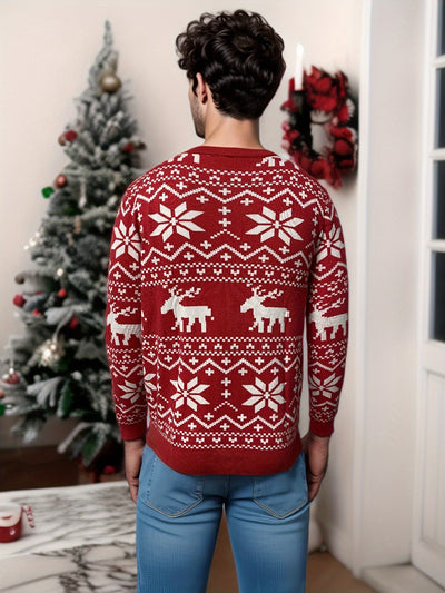 Women's black, red, and white Christmas sweater with reindeer and snowflake fair isle patterns, round neck, long sleeves. - Image 24