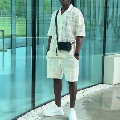 Conjunto de Camisa Hueca con Solapa y Shorts Sueltos para Hombre - Image 3