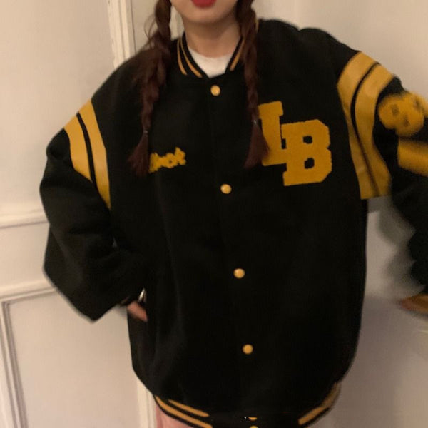 Chaqueta Sudadera Beisbolera Holgada de Forro Polar Grueso para Mujer