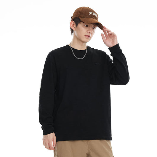 Camiseta de Algodón Pima con Bordado Minimalista - Manga Larga Cuello Redondo