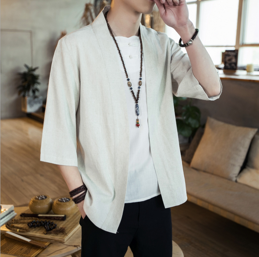 Camisa Cardigan Hanfu de Algodón y Lino - Estilo Asiático Manga 3/4 Hombre - Image 15