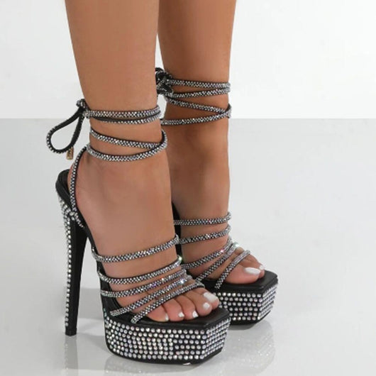 Sandalias Plataforma con Tiras de Cristales y Tacón Alto