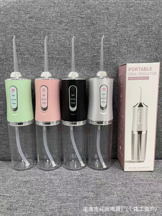 Four portable electric water flossers in green, pink, black, and silver, with clear water tanks, displayed next to their box. - Image 14
