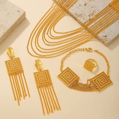 5-piece gold-plated jewelry set with multi-layered tassel necklace, matching dangle earrings, bracelet, and square ring. - Image 5