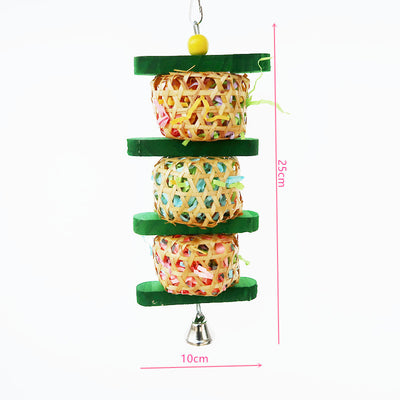 Colorful parrot toy with three rattan woven balls filled with paper, green wooden blocks, a yellow bead, and a bell. - Image 4