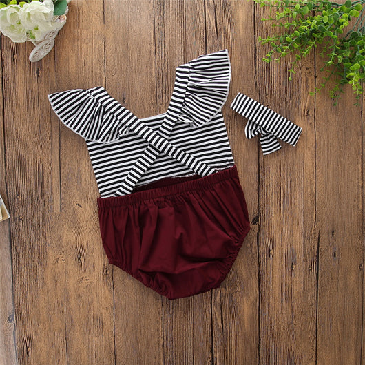 Conjunto Romper Infantil de Rayas con Mangas Volantes + Diadema - Image 8