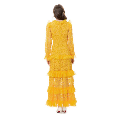 Vestido Largo de Manga Larga con Encaje y Pespuntes - Image 6