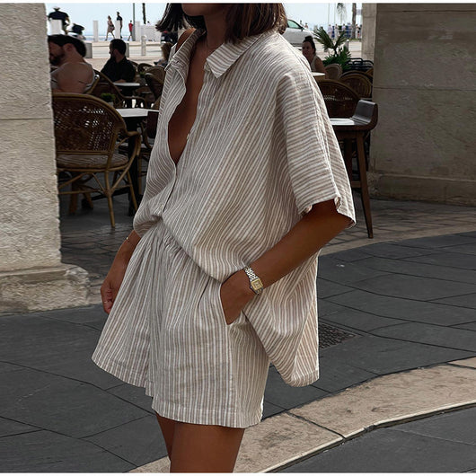 Conjunto de Camisa y Shorts a Rayas Holgado y Casual - Image 9