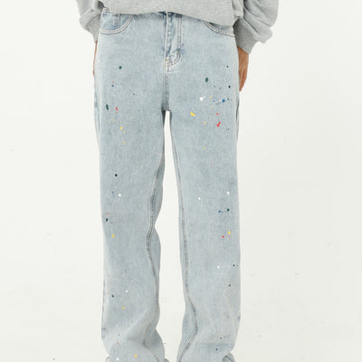 Jeans Rectos Sueltos con Efecto Paint Splash Azul