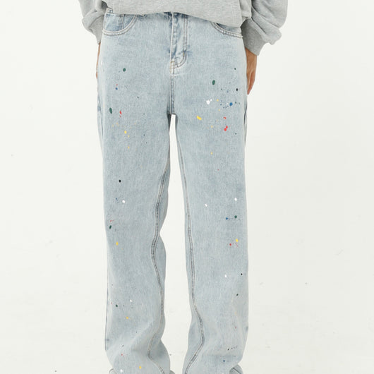 Jeans Rectos Sueltos con Efecto Paint Splash Azul