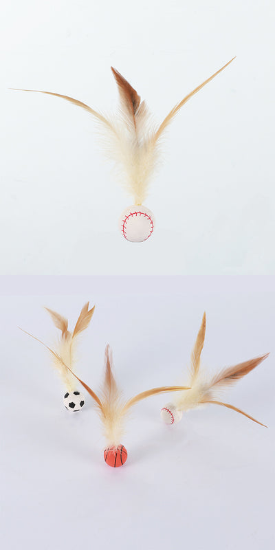 Three cat toys with pink balls and natural beige feathers, displayed on clear stands against a white background. - Image 21