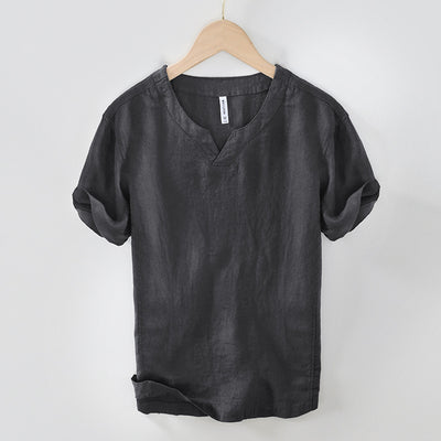Camiseta de Lino con Cuello en V - Manga Corta Estilo Retro - Image 9
