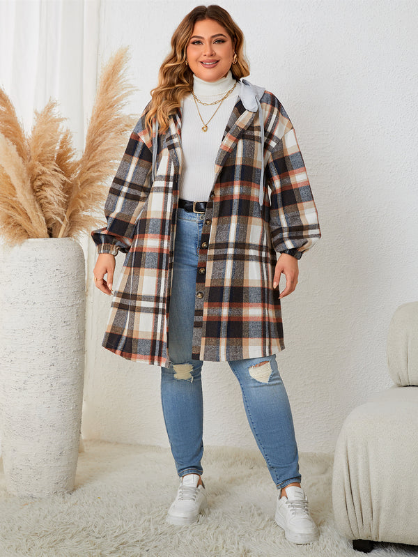 Abrigo Cuadrille Largo con Capucha para Mujer - Talla Grande Otoño Invierno