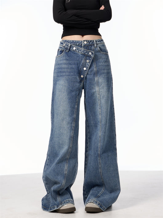 Pantalones Vaqueros Rectos Azules Cintura Alta Pierna Ancha Efecto Desgastado - Image 7