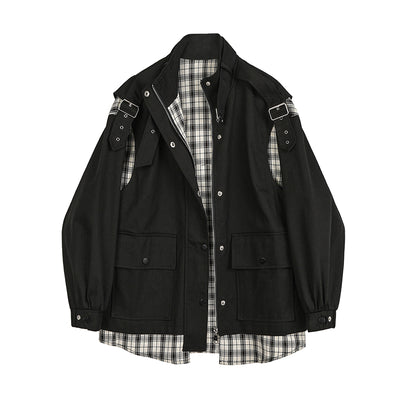 Chaqueta Denim Cuadriculada con Costuras de Contraste y Efecto Dos Piezas para Mujer - Image 3
