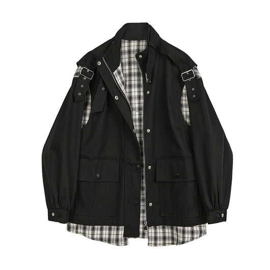 Chaqueta Denim Cuadriculada con Costuras de Contraste y Efecto Dos Piezas para Mujer - Image 3