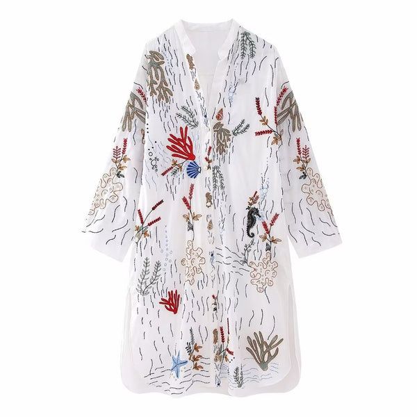Vestido Camisero Largo Holgado con Bordados para Mujer - Image 11
