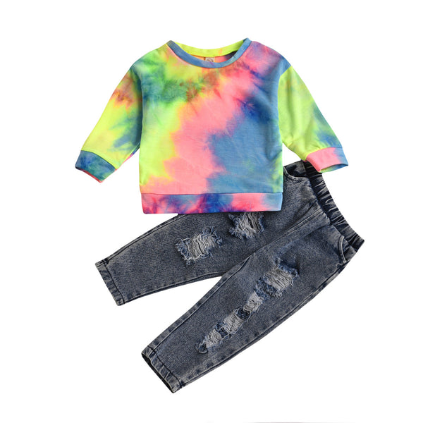Conjunto Sudadera Tie Dye Arcoíris + Jeans Rotos