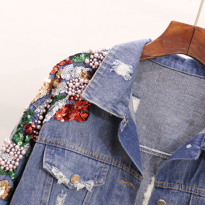 Chaqueta Denim Oversized con Bordados y Lentejuelas Reductora para Mujer - Image 14
