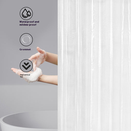 Transparent PEVA shower curtain with stainless steel grommets and hooks on a silver shower rod.