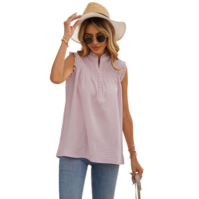 Blusa Suelta de Cuello Alto con Volantes y Botones - Estilo Casual Verano - Image 9