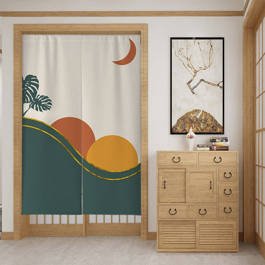 Modern fabric door curtain with abstract green mountains, a dancer silhouette, and a mustard yellow lower section. - Image 7