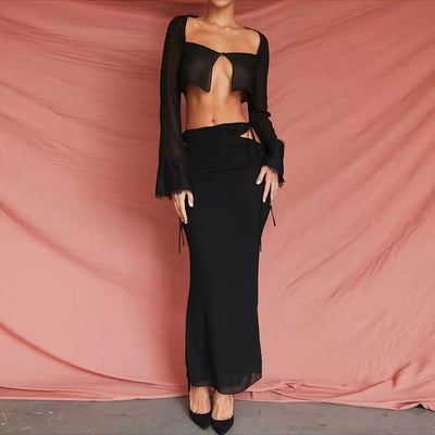 Blusa Cropped de Encaje y Gasa con Cuello Cuadrado y Manga Larga - Image 13