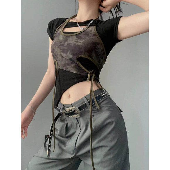 Blusa Retro Hot Girl Estampada Manga Corta con Tirantes - Diseño Verano Chic