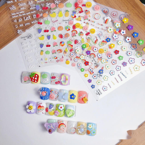 Calcomanías de Uñas 5D con Adhesivo Japonés - Frutas y Flores Coloridas