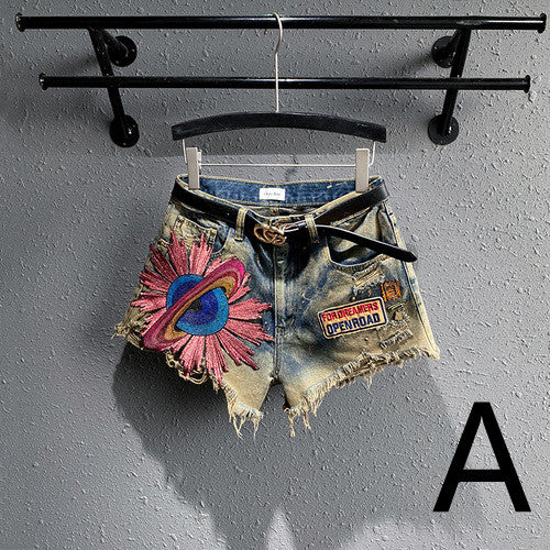 Short Denim Bordado Cintura Alta Pierna Recta con Roturas