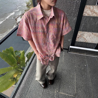 Camisa Cuadriculada Seersucker Suelta para Hombre - Manga Corta Verano - Image 4