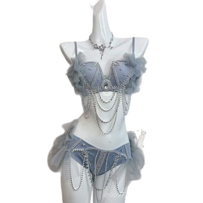 Bikini Azul Ahumado Brillante con Cadena - Estilo Vacacional - Image 2