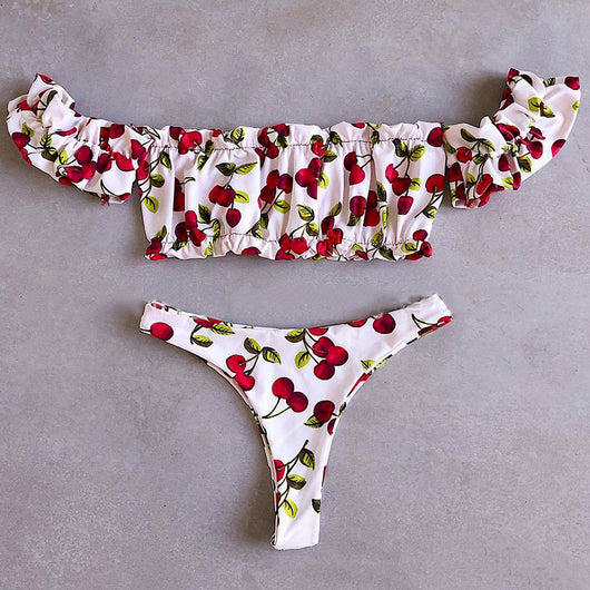 Bikini Plisado con Estampado de Cerezas y Mangas - Image 14