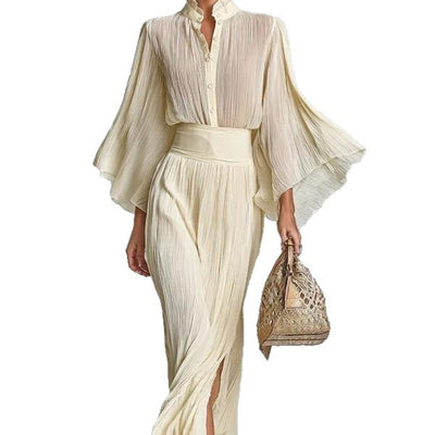 Conjunto Dos Piezas: Blusa Plisada con Mangas Anchas y Falda Maxi - Image 5