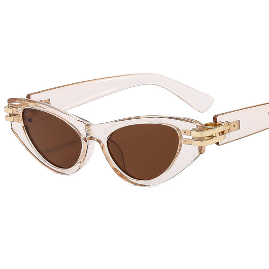 Black cat-eye sunglasses with dark gray lenses and gold-tone hinge accents on a white background. - Image 6