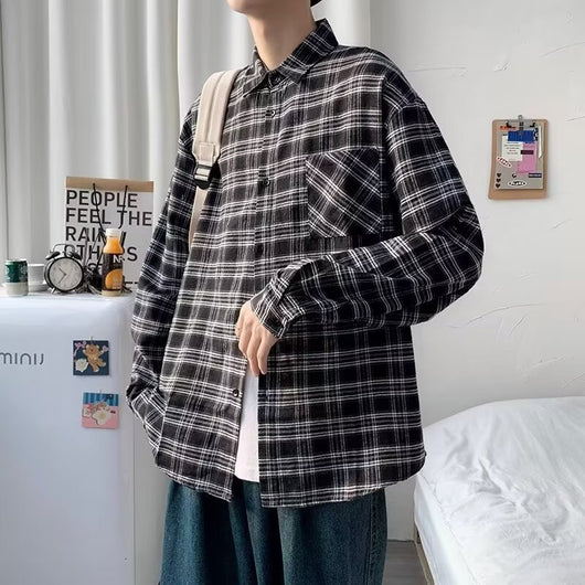 Camisa de Cuadros Negra Suelta y Casual de Manga Larga para Hombre - Image 9