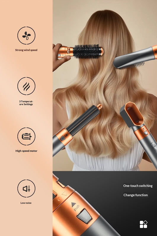 5-in-1 multifunctional hair styler with dark gray handle and rose gold accents, including hot air comb, curling wands, and paddle brush attachments, plus a blac - Image 10