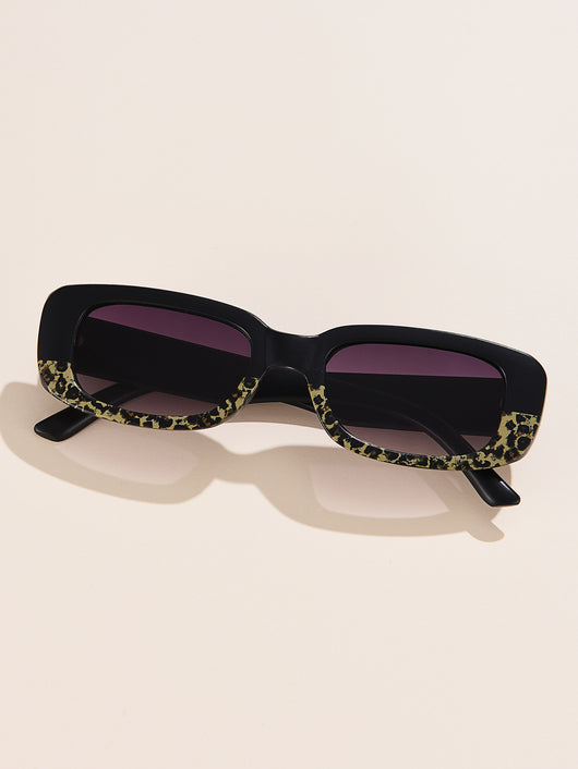Rectangular tortoiseshell sunglasses with a small frame and dark gray lenses, angled on a white background. - Image 45