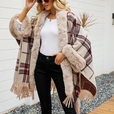 Cardigan Poncho a Cuadros con Flecos para Mujer