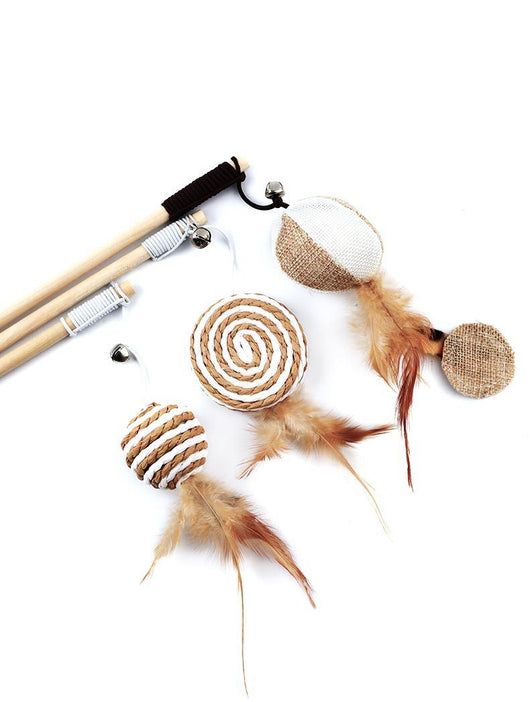 Cat teaser toy with a long wooden pole, a striped ball, brown feathers, and a small bell. - Image 28