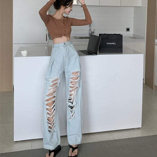 Pantalón Roto de Cintura Alta Ancho y Suelto - Image 6