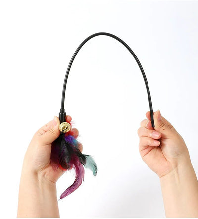 Three cat teaser wands with black sticks, colorful feathers in purple, red, and teal, and small gold bells. - Image 16