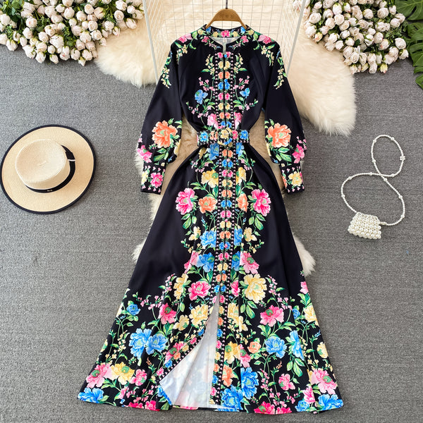 Vestido Hada Estampado con Cuello Solapa y Mangas Abullonadas