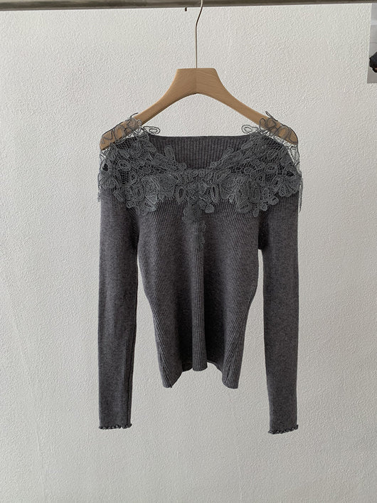 Suéter Tejido con Encaje Calado y Cuello en V para Mujer - Colección Otoño Invierno - Image 7