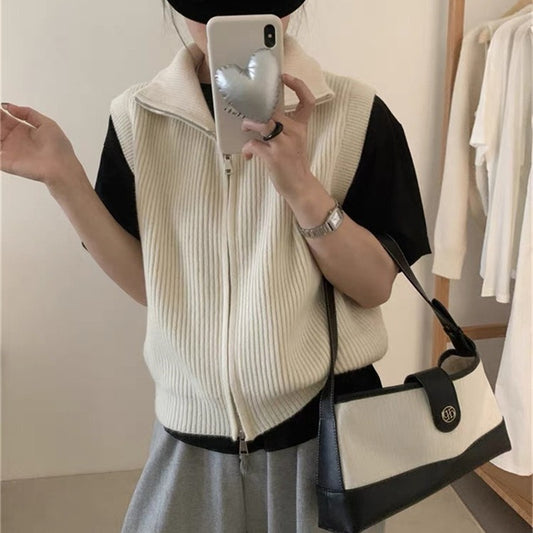 Chaleco Cardigan Cuello Alto con Doble Cierre en Punto