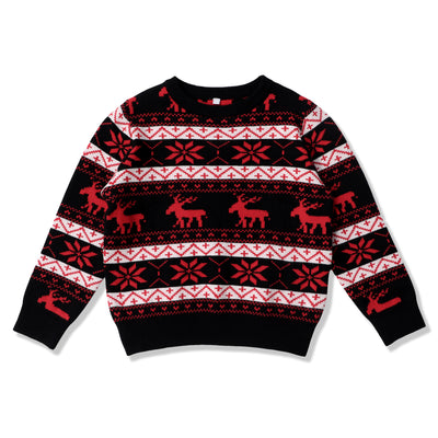Women's black, red, and white Christmas sweater with reindeer and snowflake fair isle patterns, round neck, long sleeves. - Image 7