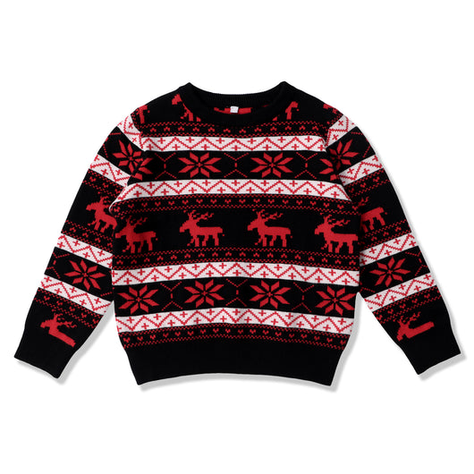 Women's black, red, and white Christmas sweater with reindeer and snowflake fair isle patterns, round neck, long sleeves. - Image 7