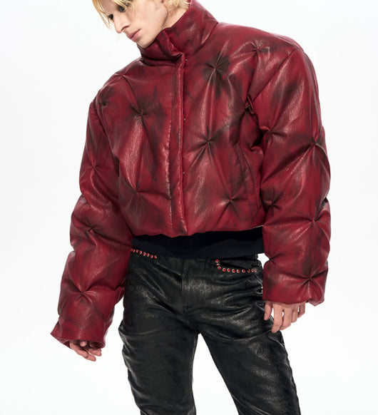 Chaqueta Puffer Corta de Cuero con Cuello Alto y Fruncido - Image 8