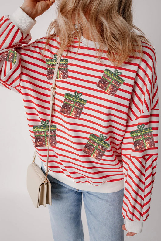 Sudadera Navideña con Lentejuelas y Rayas Naranjas - Hombros Caídos - Image 5